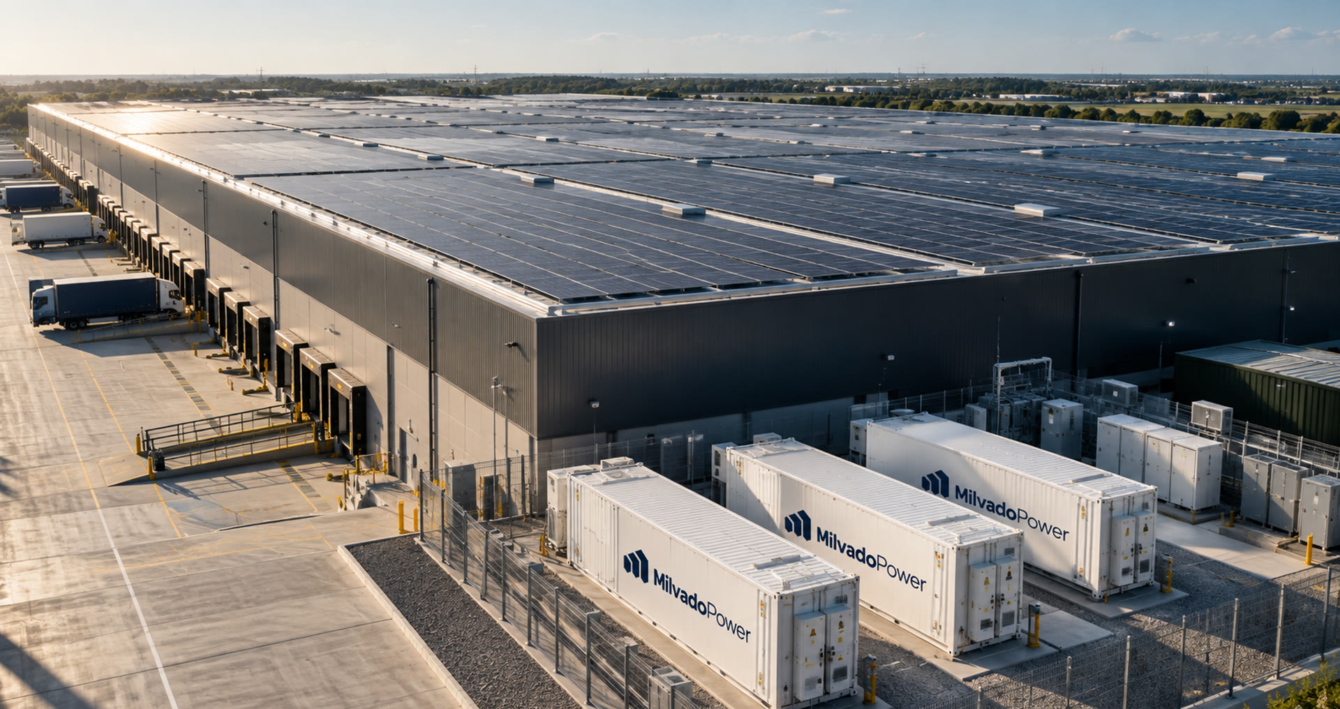Rooftop solar on a logistics warehouse, with MilvadoPower battery containers beside the building
